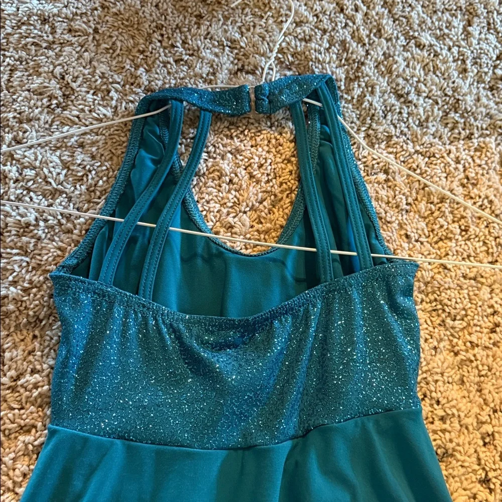 Girls Balera dance costume teal one piece sparkles Medium child D4939 - Picture 2 of 2